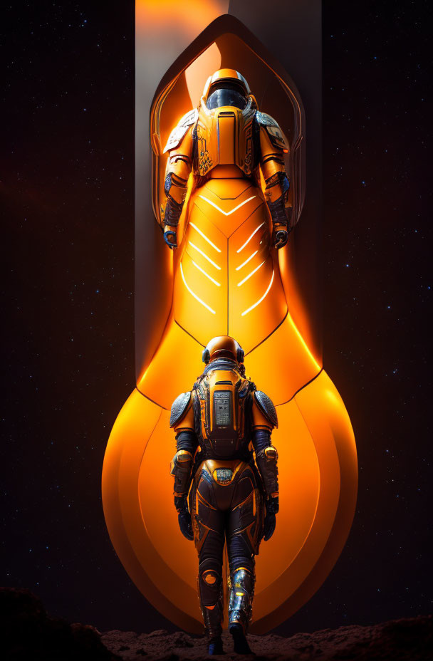 Futuristic astronaut in illuminated portal with starry sky