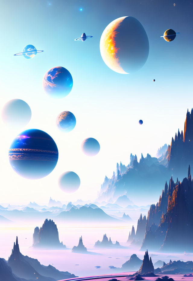 Futuristic sci-fi landscape with multiple planets, rocky peaks, and serene ambiance