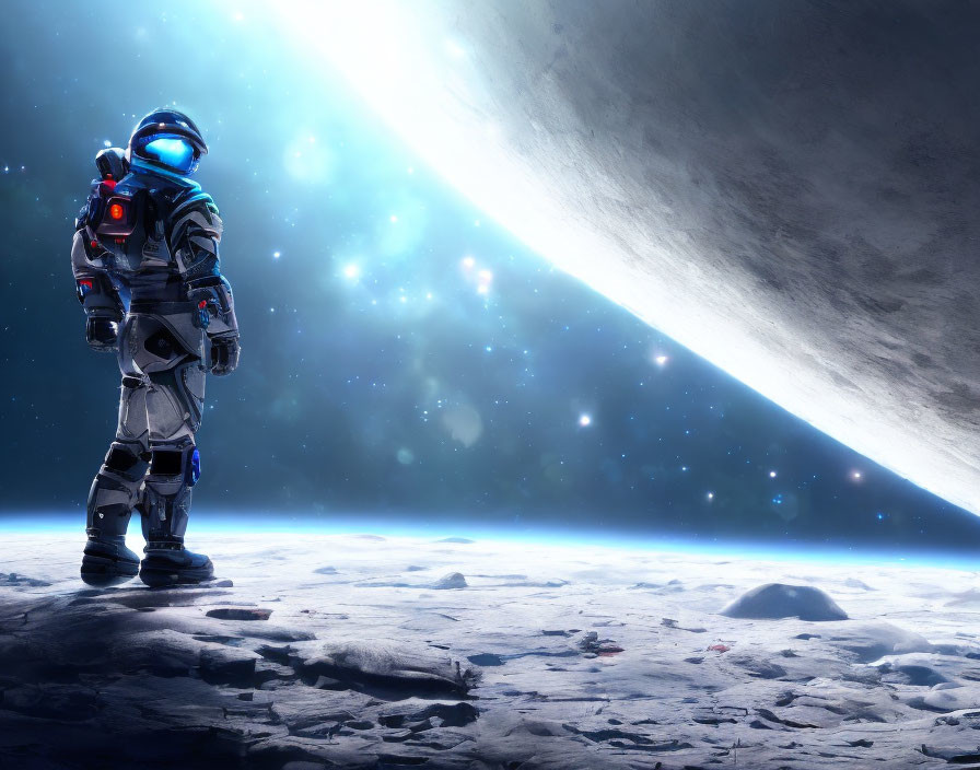 Astronaut on rocky alien surface with celestial body in sky