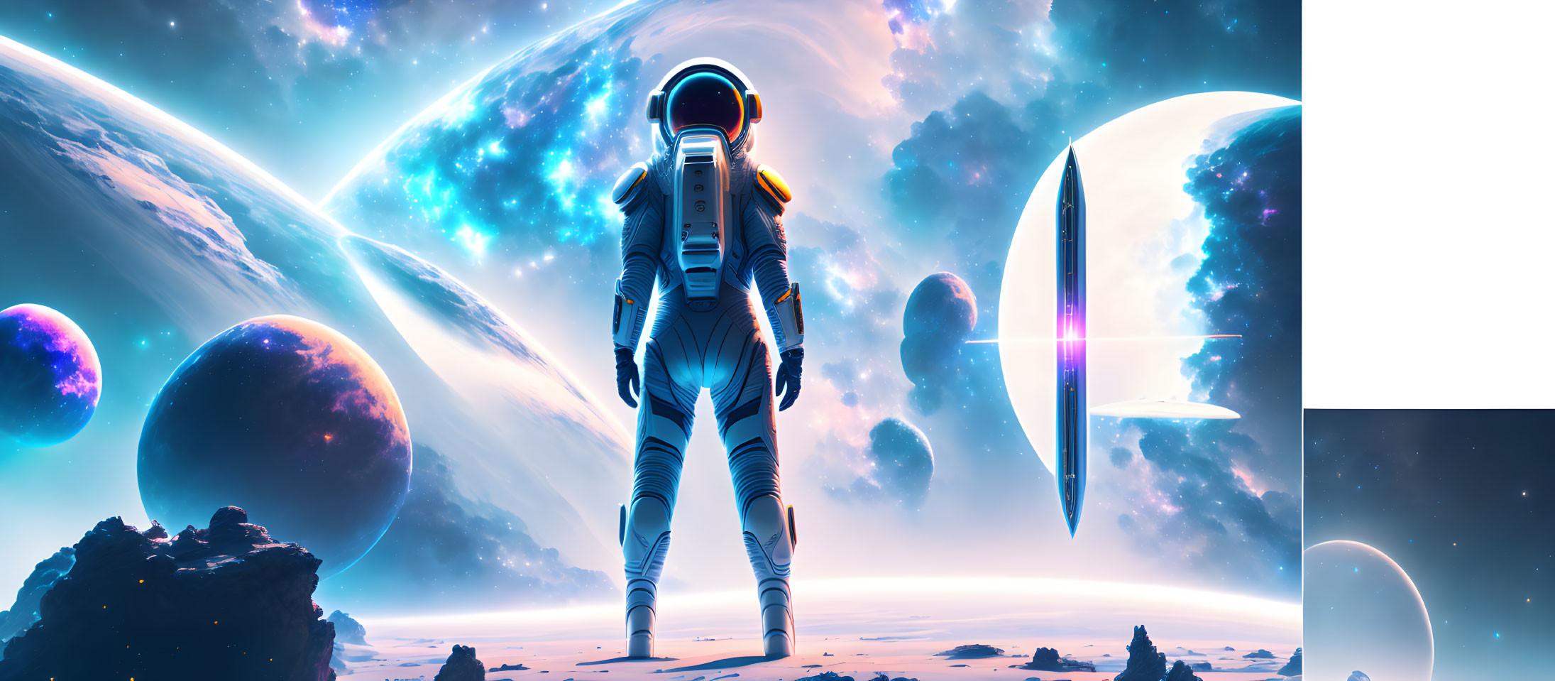 Astronaut on alien surface with planets and moons in vibrant sky