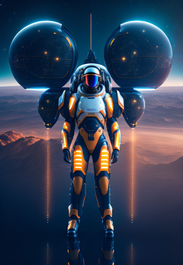 Futuristic astronaut with glowing orange details in desert landscape.