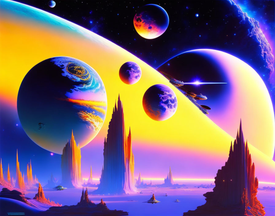 Colorful Planets, Spaceship, and Alien Architecture in Vibrant Sci-Fi Landscape