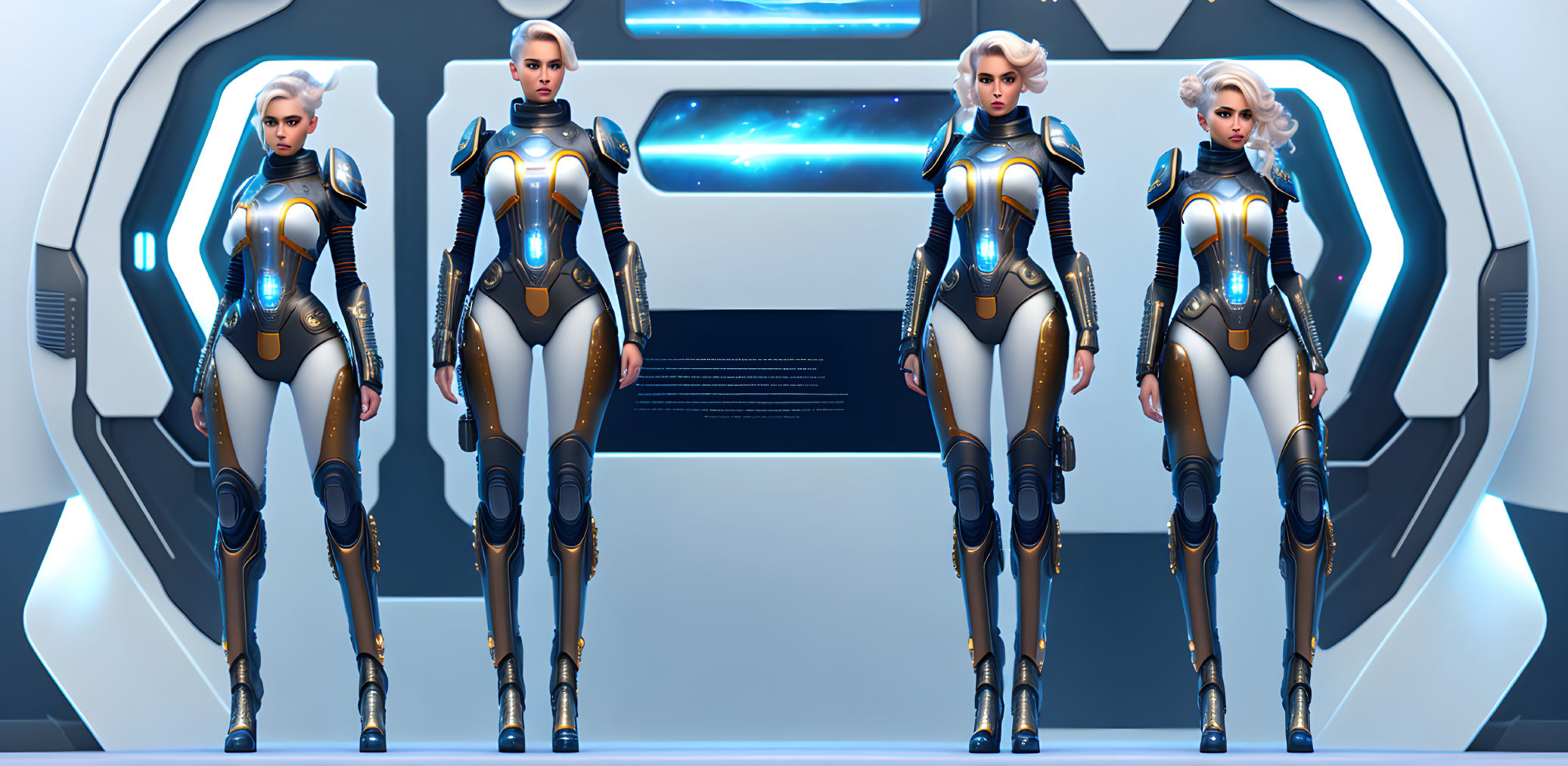 Four identical female characters in futuristic white and blue suits with metallic accents in a sci-fi setting.