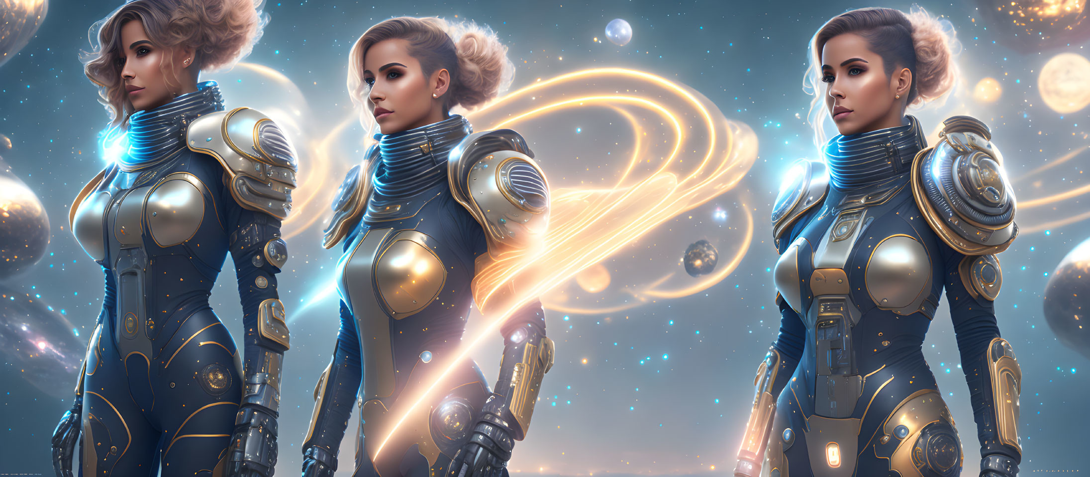 Female futuristic warrior in armored suit against cosmic backdrop.