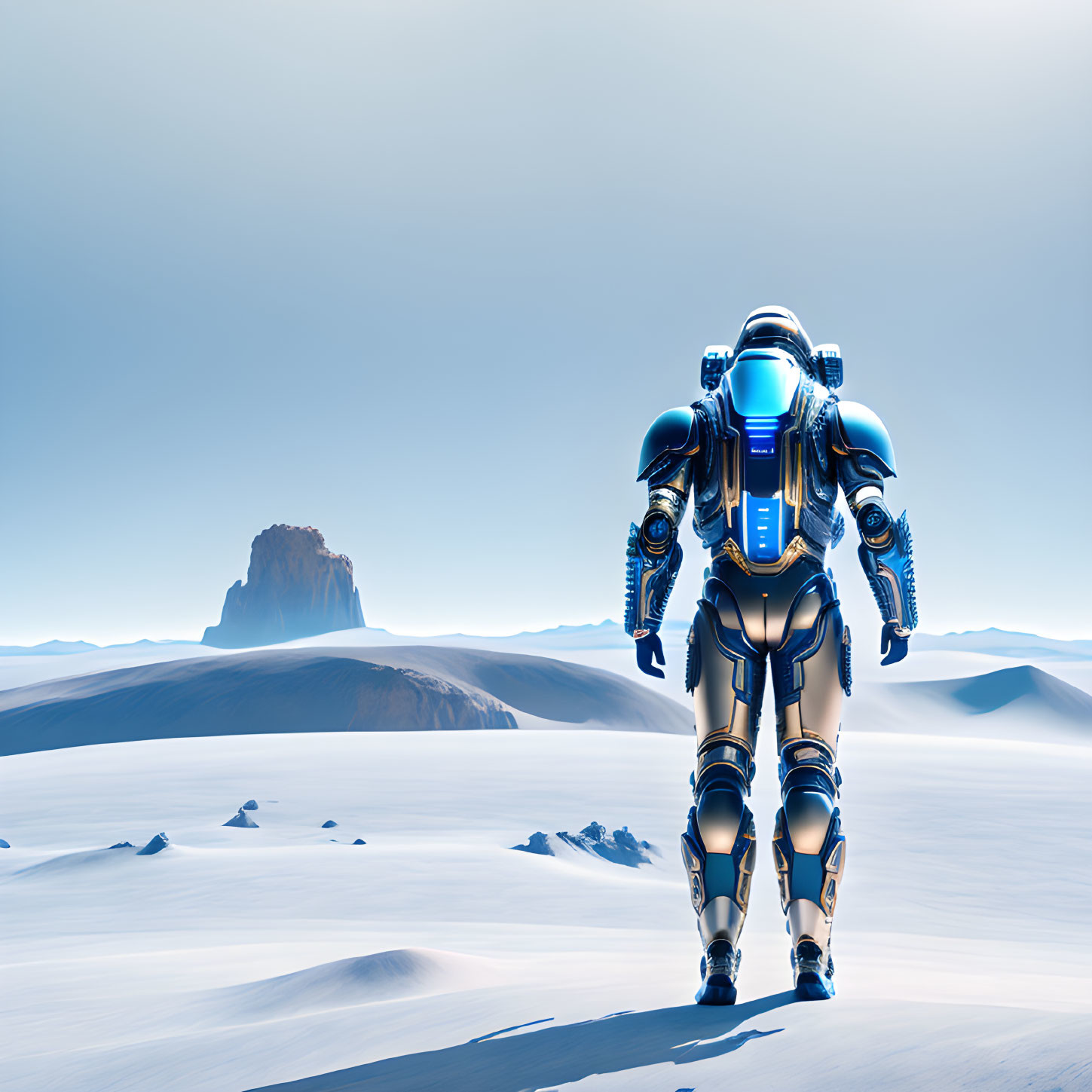 Futuristic robot in blue and gold suit on snowy landscape with mountain under clear sky