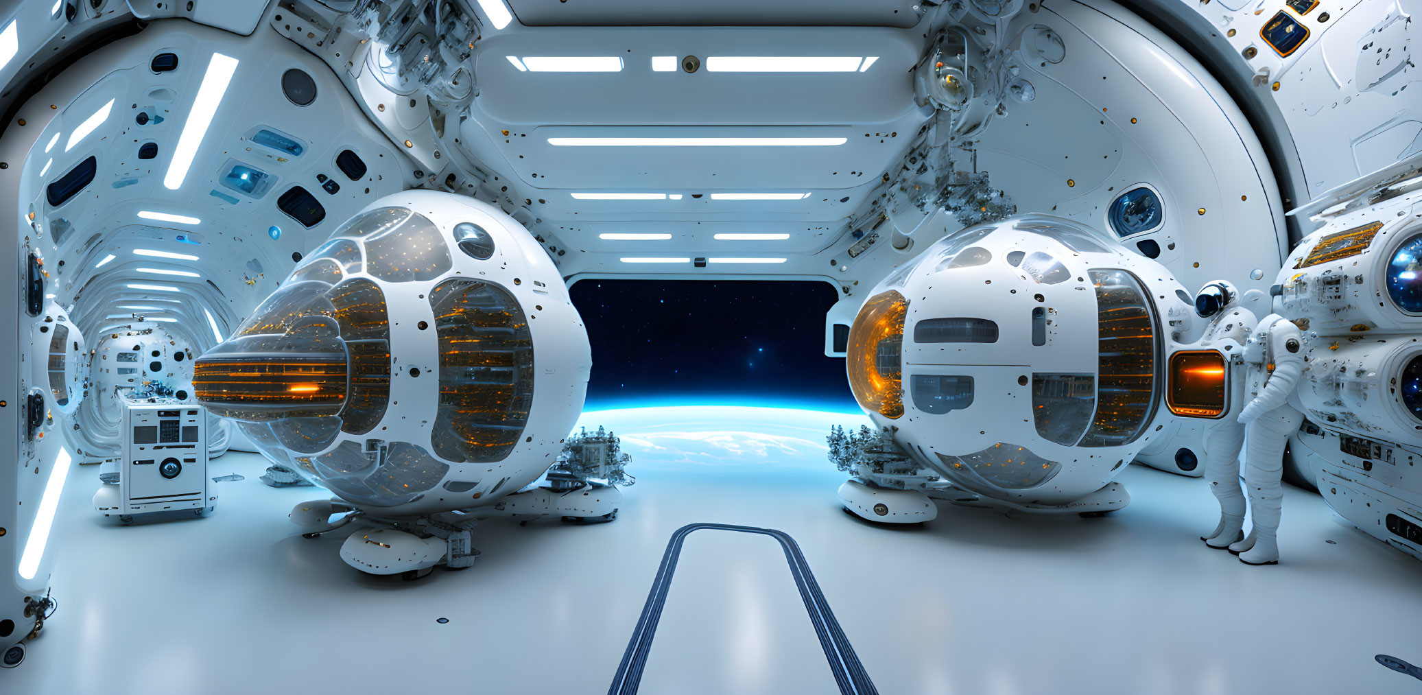 Futuristic spaceship interior with astronauts and spherical pods in orbit.