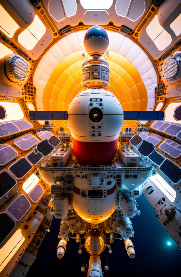 Detailed Spacecraft Interior with Solar Panels and Earth View