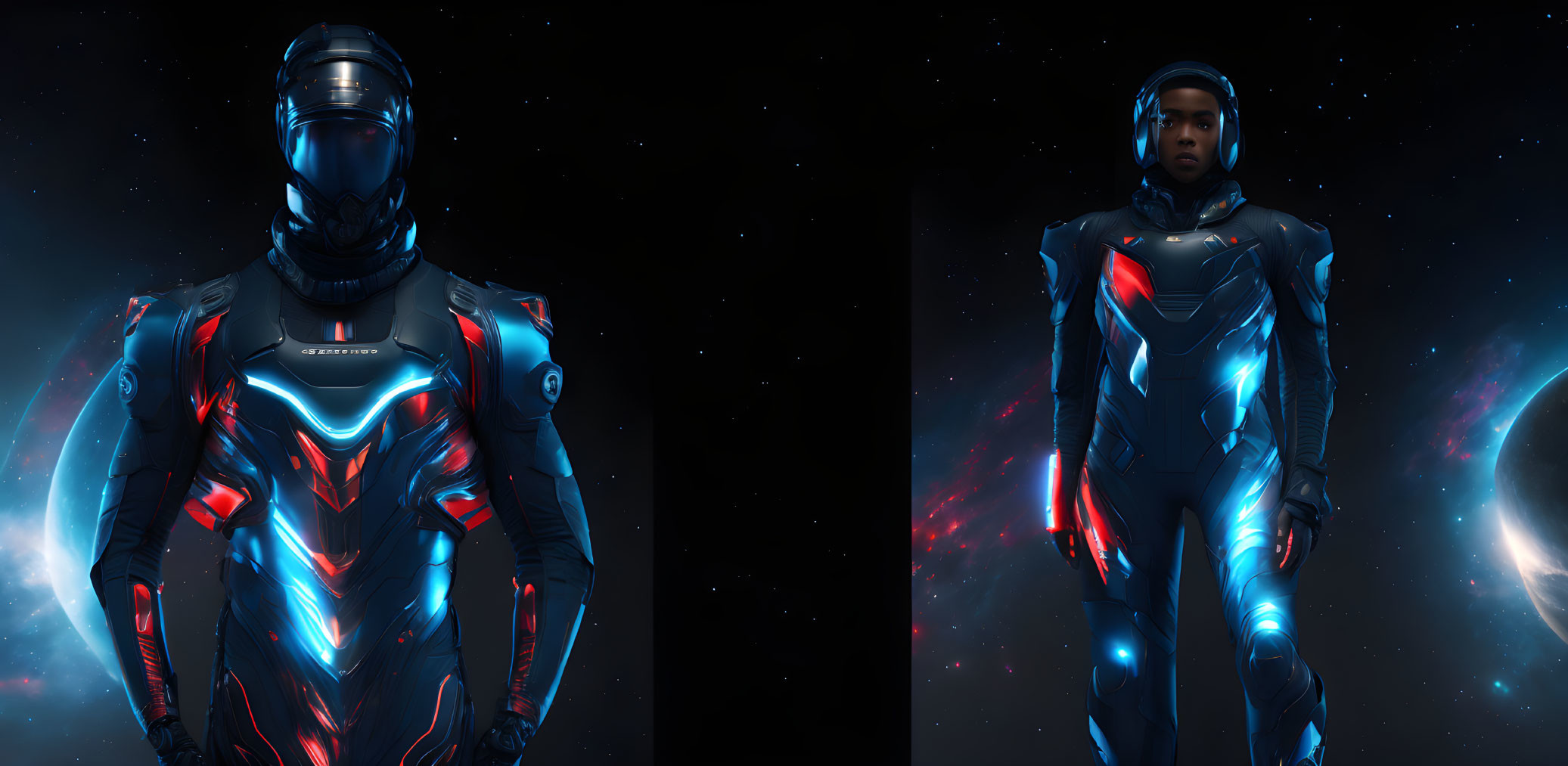 Futuristic space suits with glowing blue lights in starry space