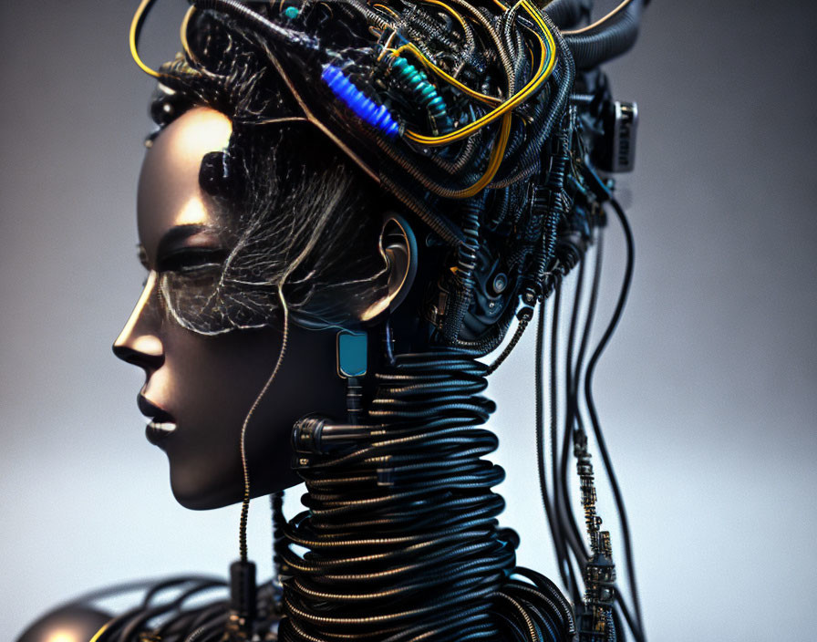 Detailed Female Robotic Head with Mechanical Parts and Wires