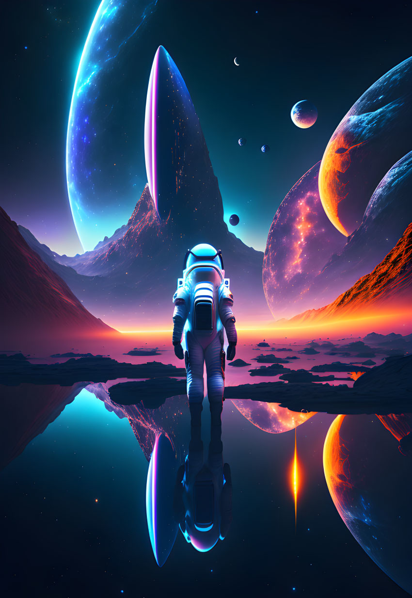 Astronaut admiring vibrant alien sky over serene lake