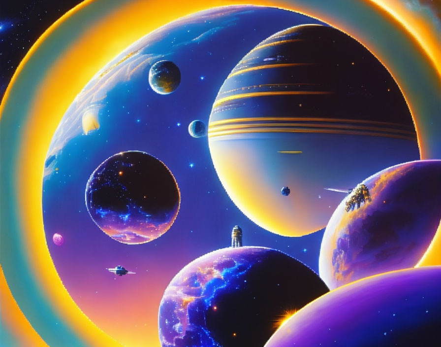 Colorful Planets, Rings, Stars, and Spacecraft in Vibrant Space Scene
