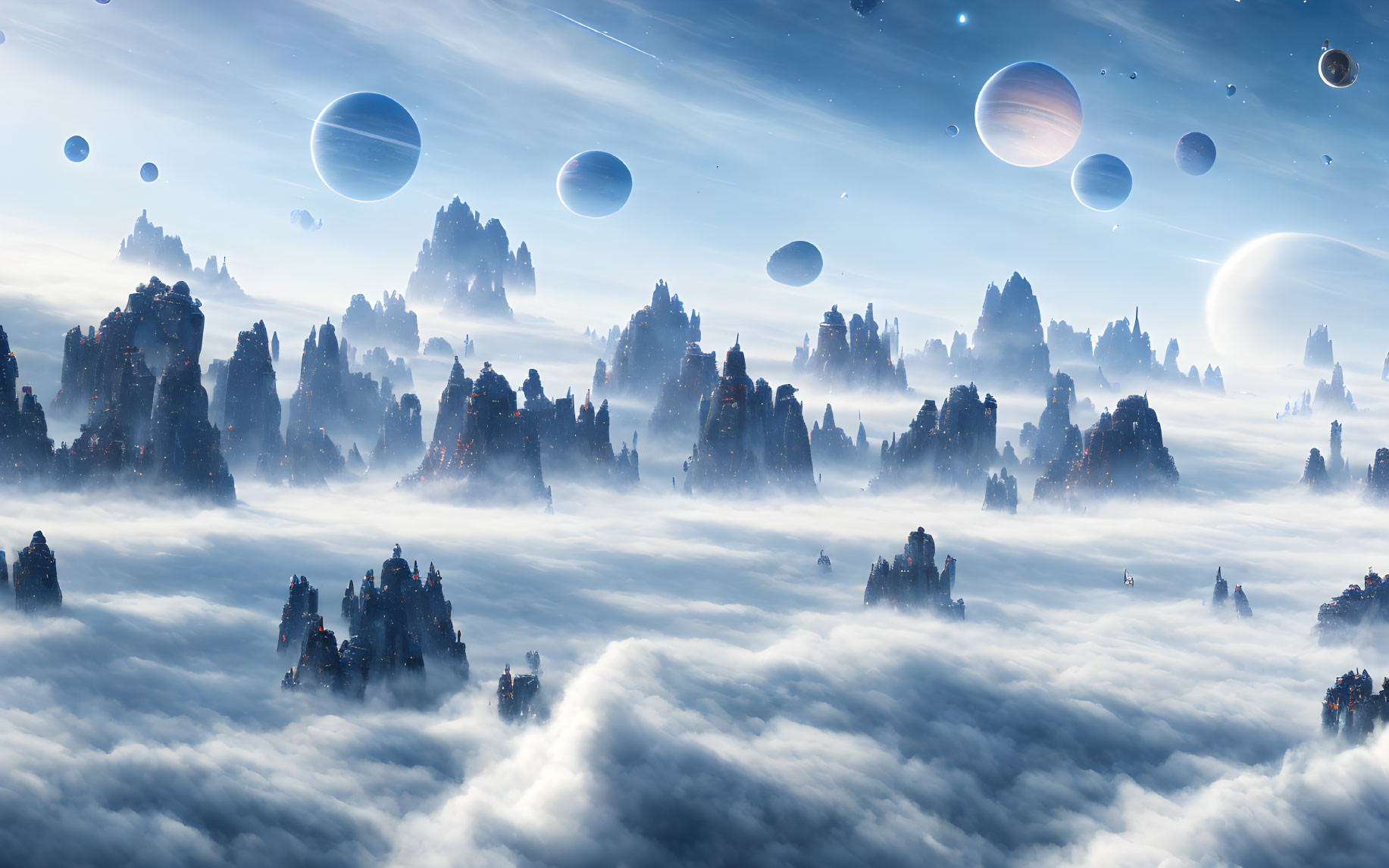 Fantastical landscape with towering rock formations and multiple planets in the sky