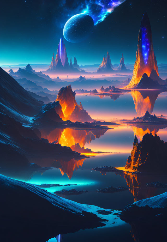 Alien spires and planet in starlit sci-fi landscape