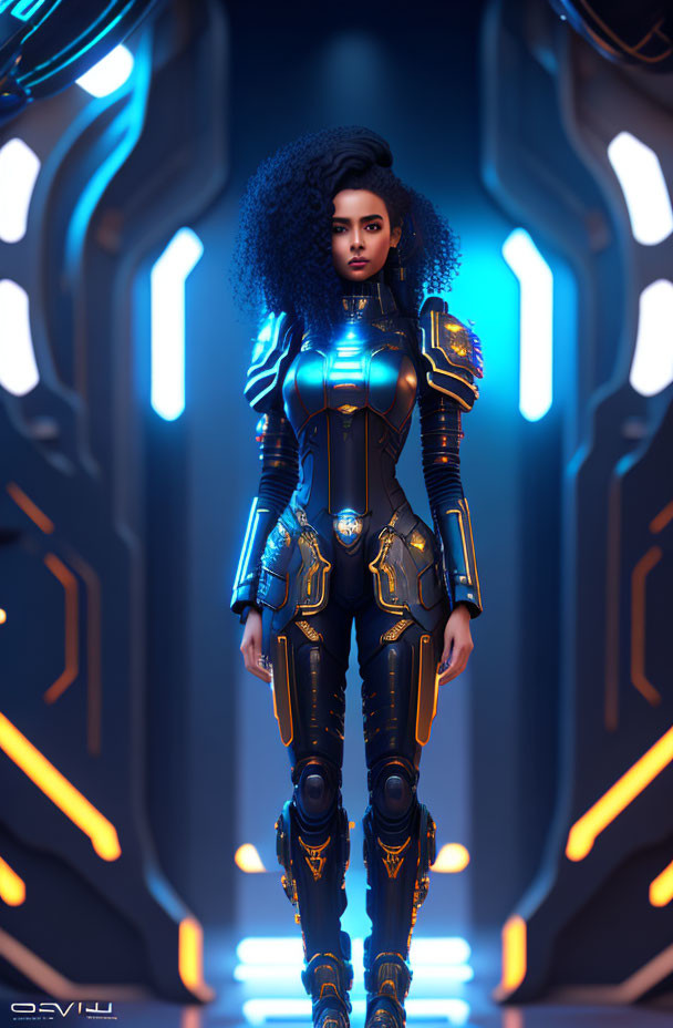 3D Rendered Image: Woman with Curly Hair in Futuristic Suit in Sci-Fi Corridor