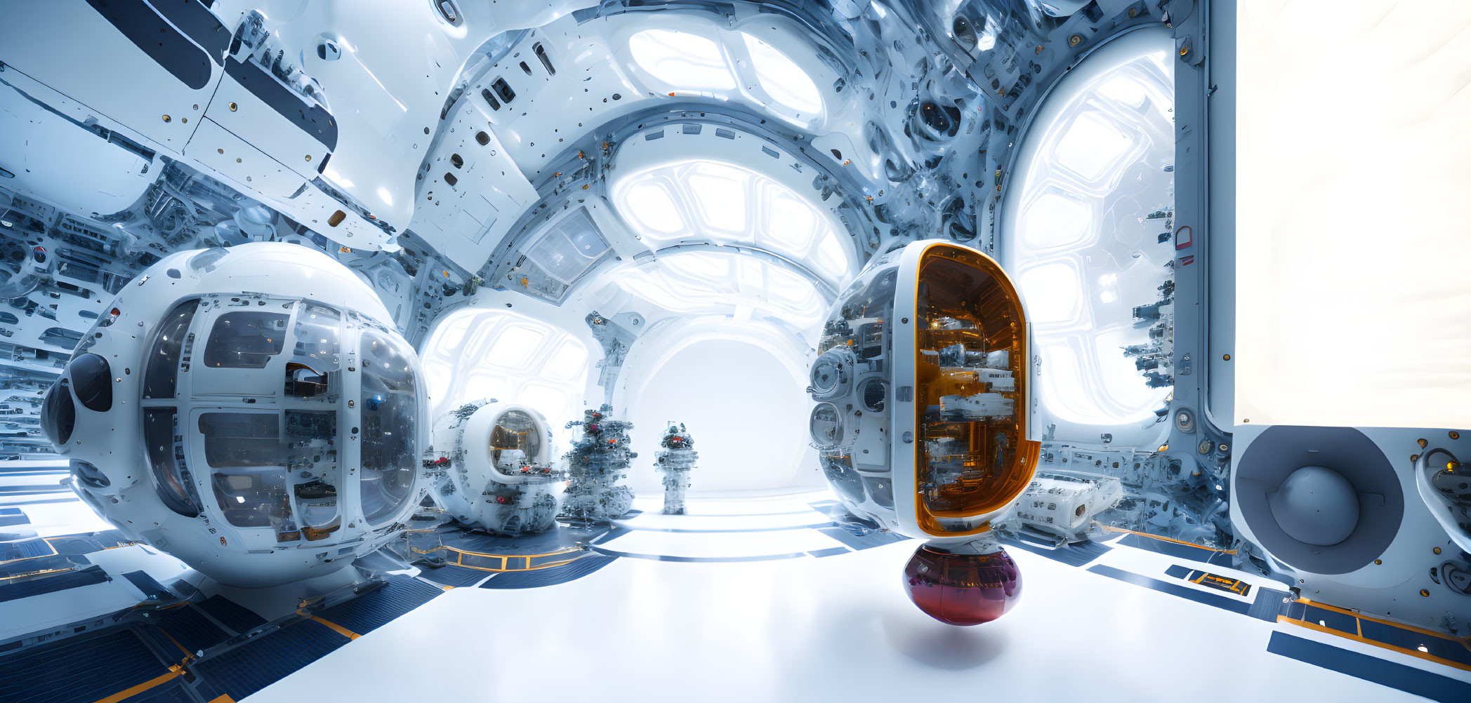 Futuristic interior design with spherical pods, modern chair, astronauts, white and metal walls