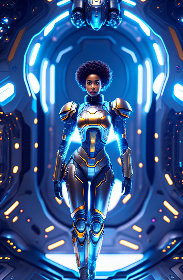 Futuristic female figure in advanced suit in sci-fi corridor