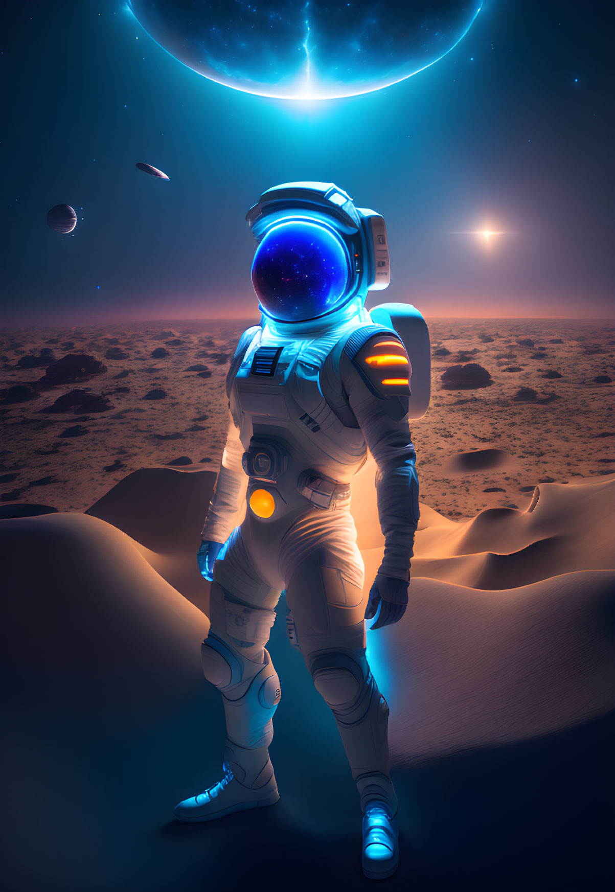 Astronaut on Alien Planet with Galaxy Helmet and Crescent Moon