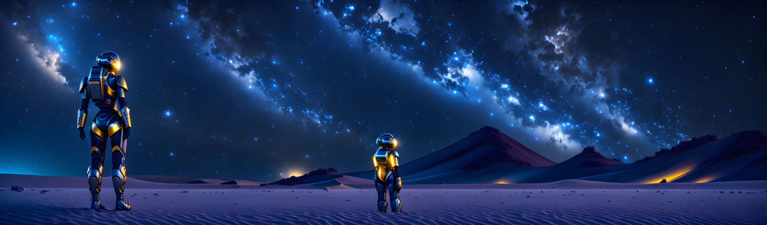 Futuristic astronauts in desert under starry night sky