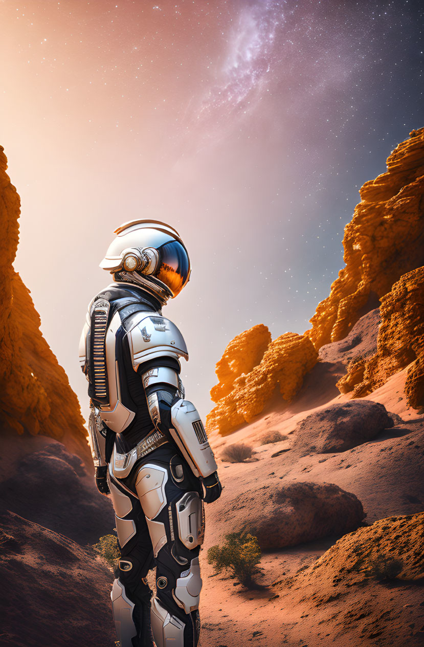 Astronaut on barren alien landscape with towering cliffs.