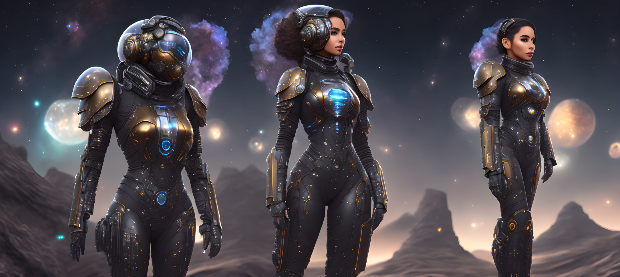 Futuristic female astronaut in black and gold spacesuit on alien landscape with moons and nebula in