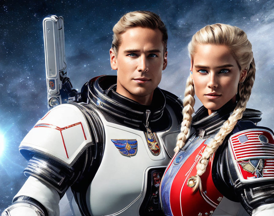 Futuristic male and female astronauts in stylized suits against galactic backdrop