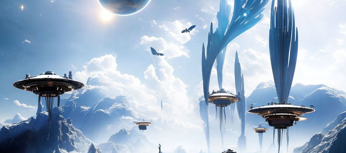 Futuristic cityscape with sleek towers and floating platforms in snowy mountain setting