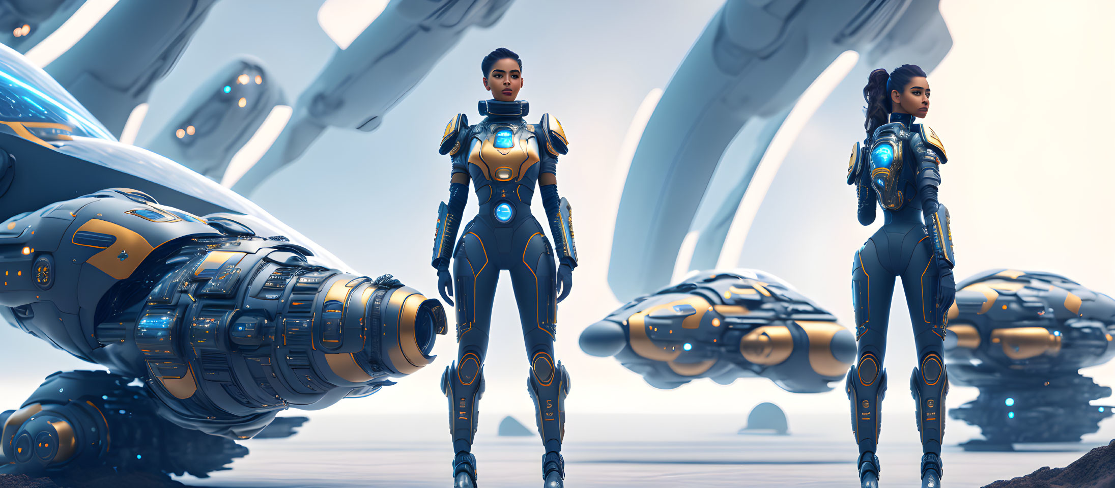 Futuristic women in advanced suits with spacecraft in sci-fi setting