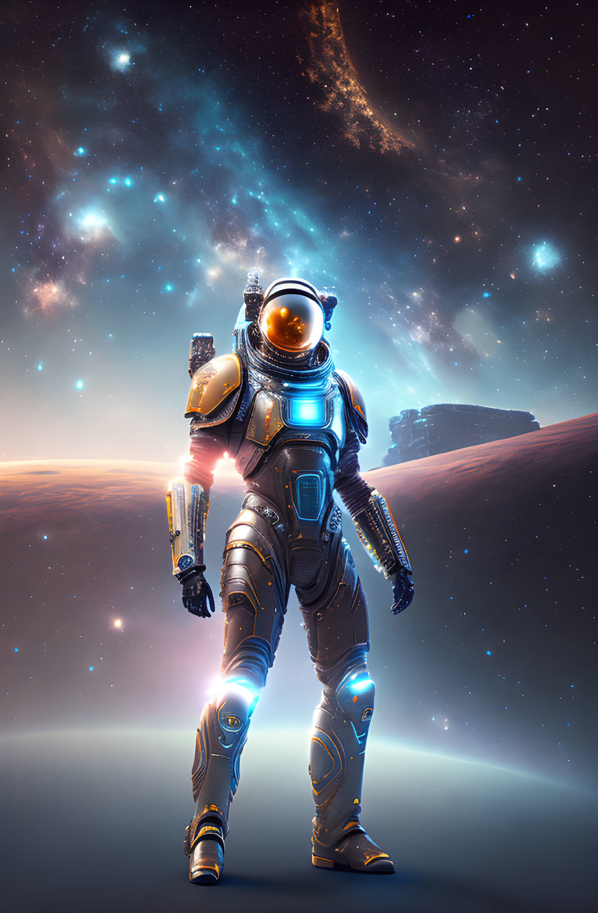 Futuristic astronaut exploring alien world with nebula and stars