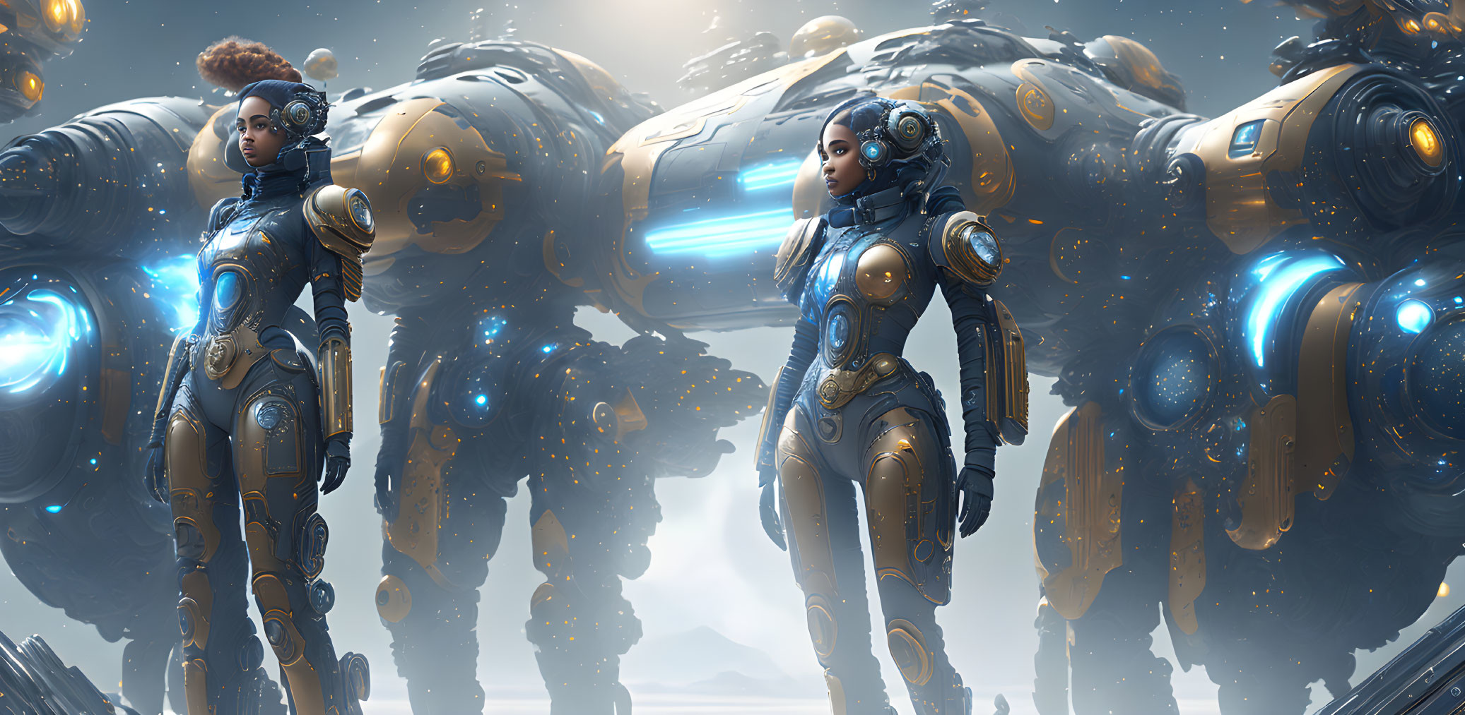 Futuristic armored figures near robotic structures in misty sci-fi setting