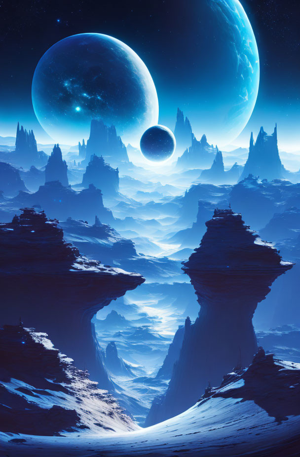 Ethereal sci-fi landscape with towering rock formations and celestial bodies