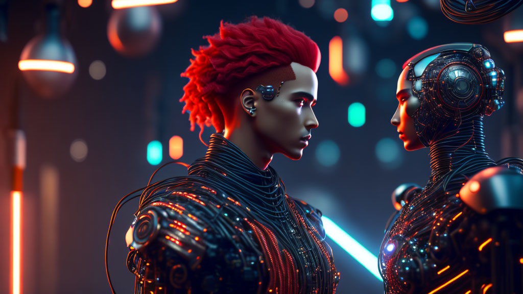 Red-haired human-like robot with cybernetic enhancements facing full-body robotic figure in neon-lit scene