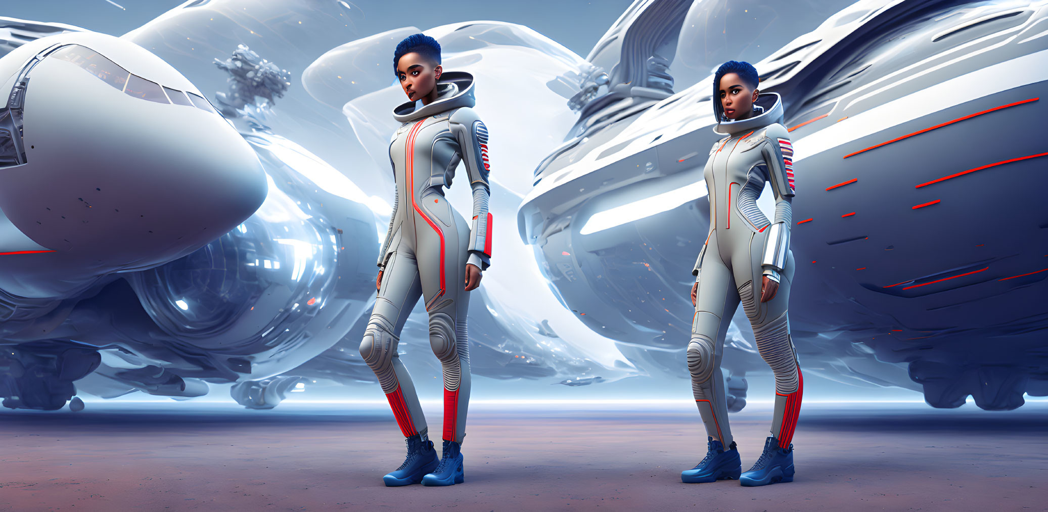 Futuristic female astronauts in white and blue spacesuits in spaceship hangar