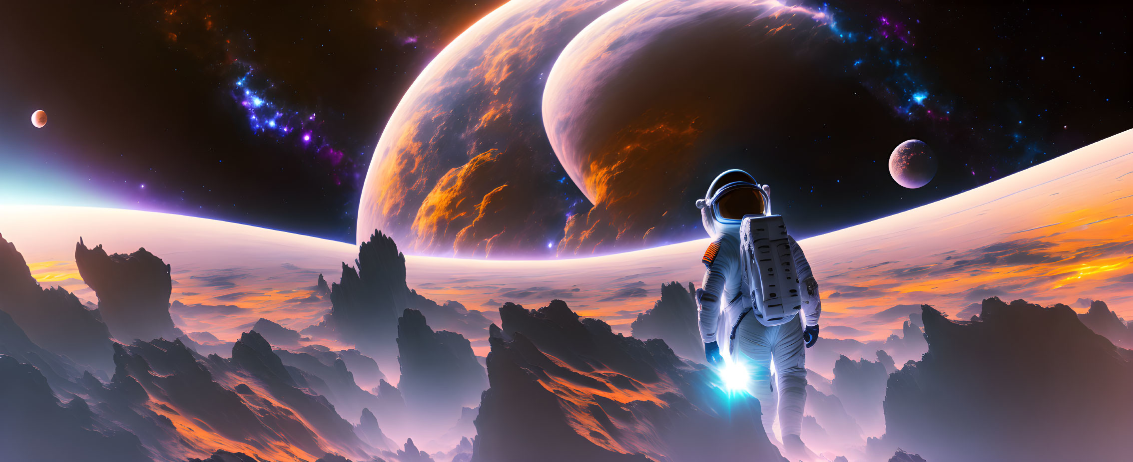 Astronaut on alien landscape with towering rocks and large planets.