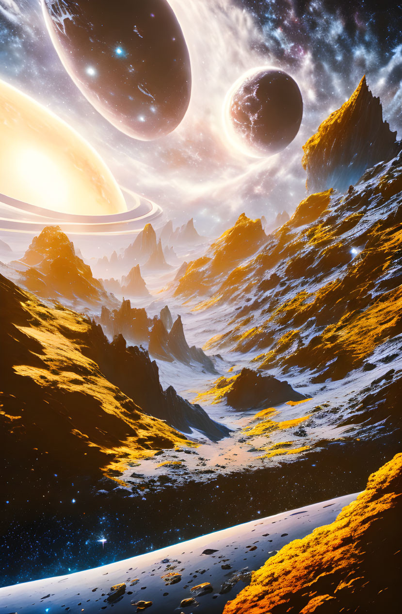 Colorful sci-fi landscape with mountains, yellow terrain, large sun, planets, and stars