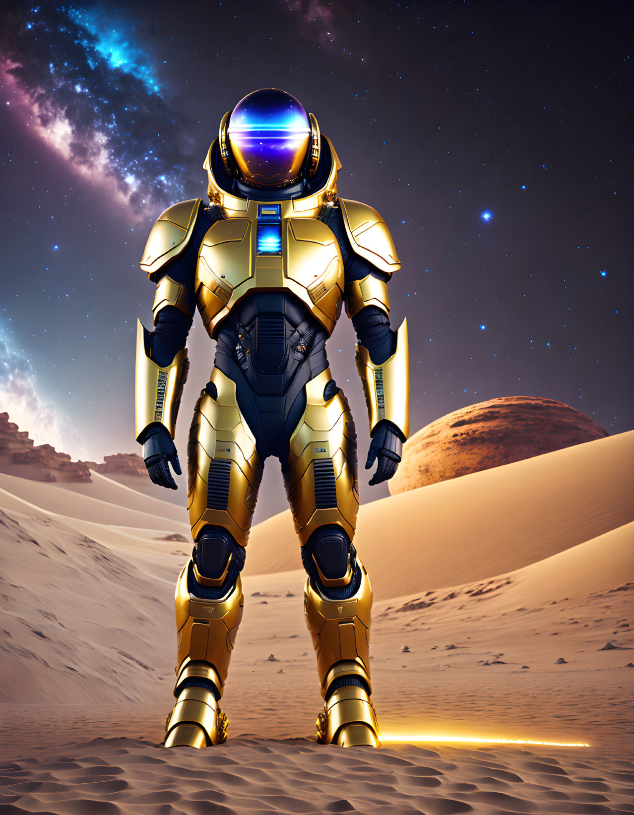 Astronaut in gold spacesuit on sandy alien planet with moon and stars