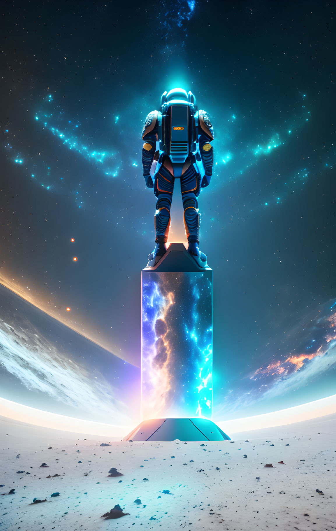 Astronaut on glowing platform in alien landscape