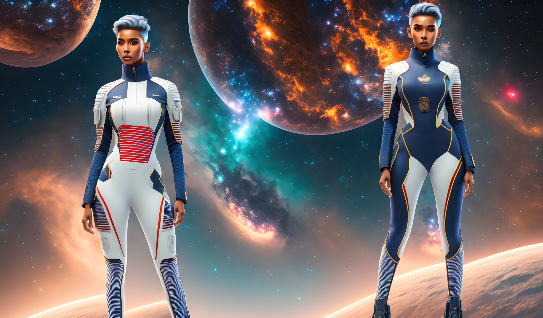 Futuristic female astronaut in white and blue spacesuit on alien planet