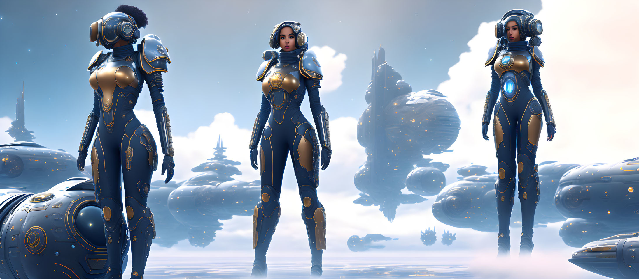 Futuristic female characters in sleek space suits on floating islands.