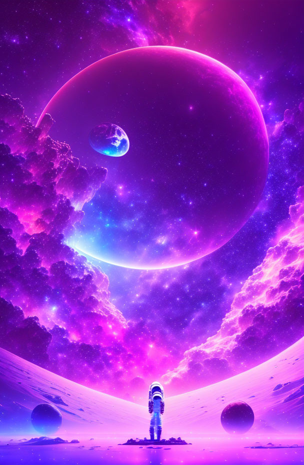 Astronaut on foreign planet with purple planet and moons in cosmic scene