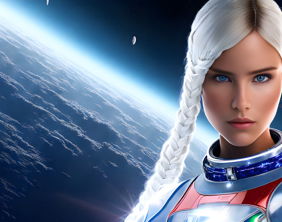 Female astronaut with braided ponytail against Earth's horizon.