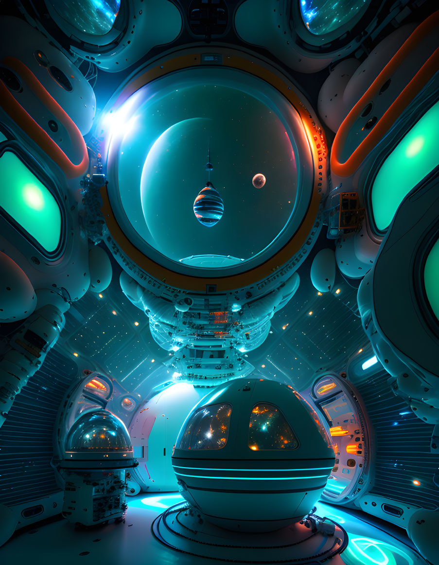 Futuristic spaceship interior with large dome window showcasing distant planets in blue and green lighting