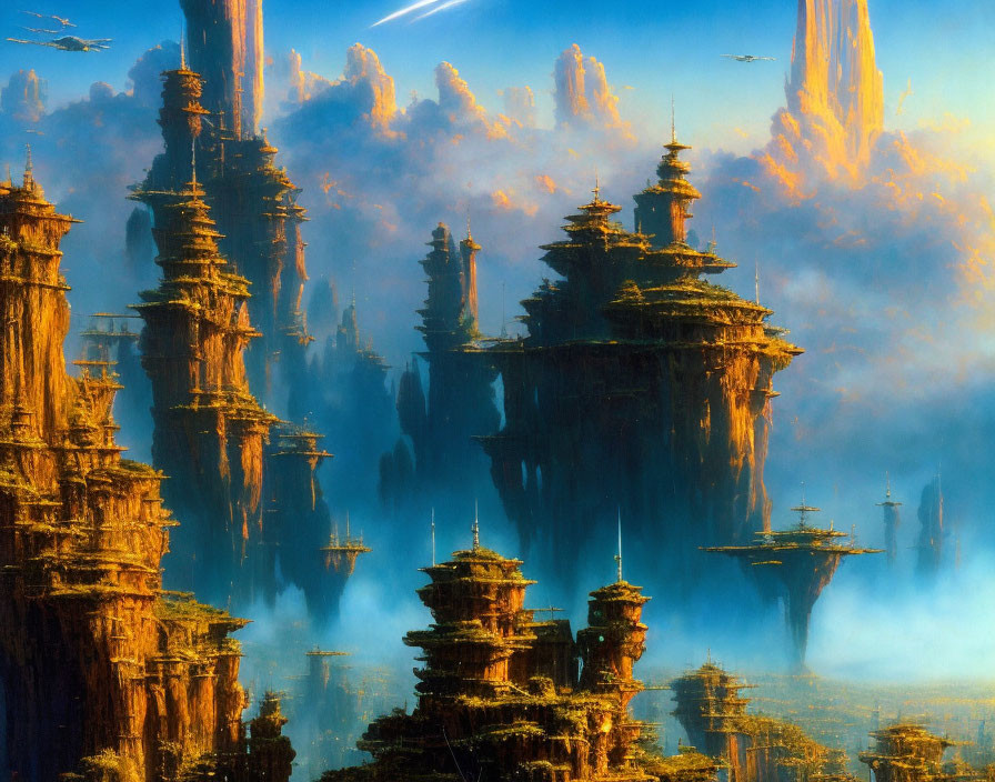 Majestic fantasy landscape: towering rocks, floating islands, golden sunset, mist.