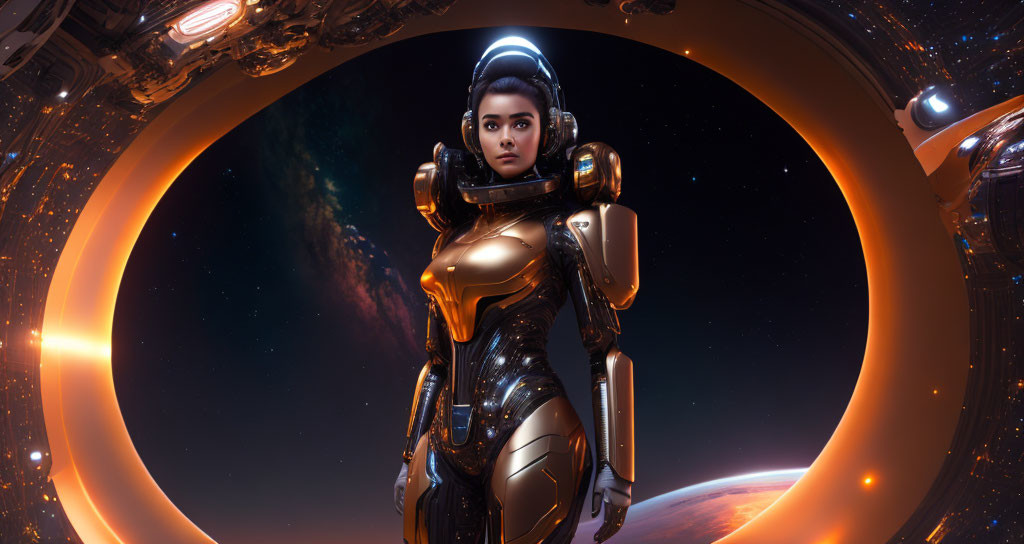 Futuristic female figure in sleek spacesuit gazes through circular spaceship portal at starry cosmos and