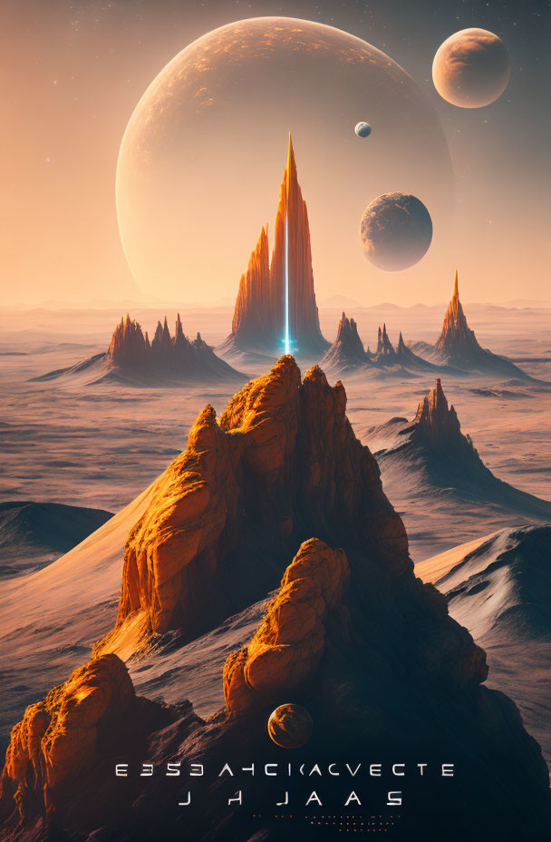 Surreal landscape with towering orange rock formations and alien sky