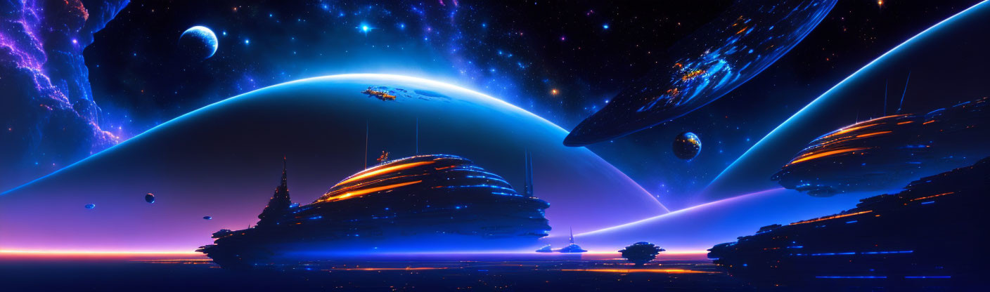 Futuristic sci-fi landscape with orbiting spacecraft.