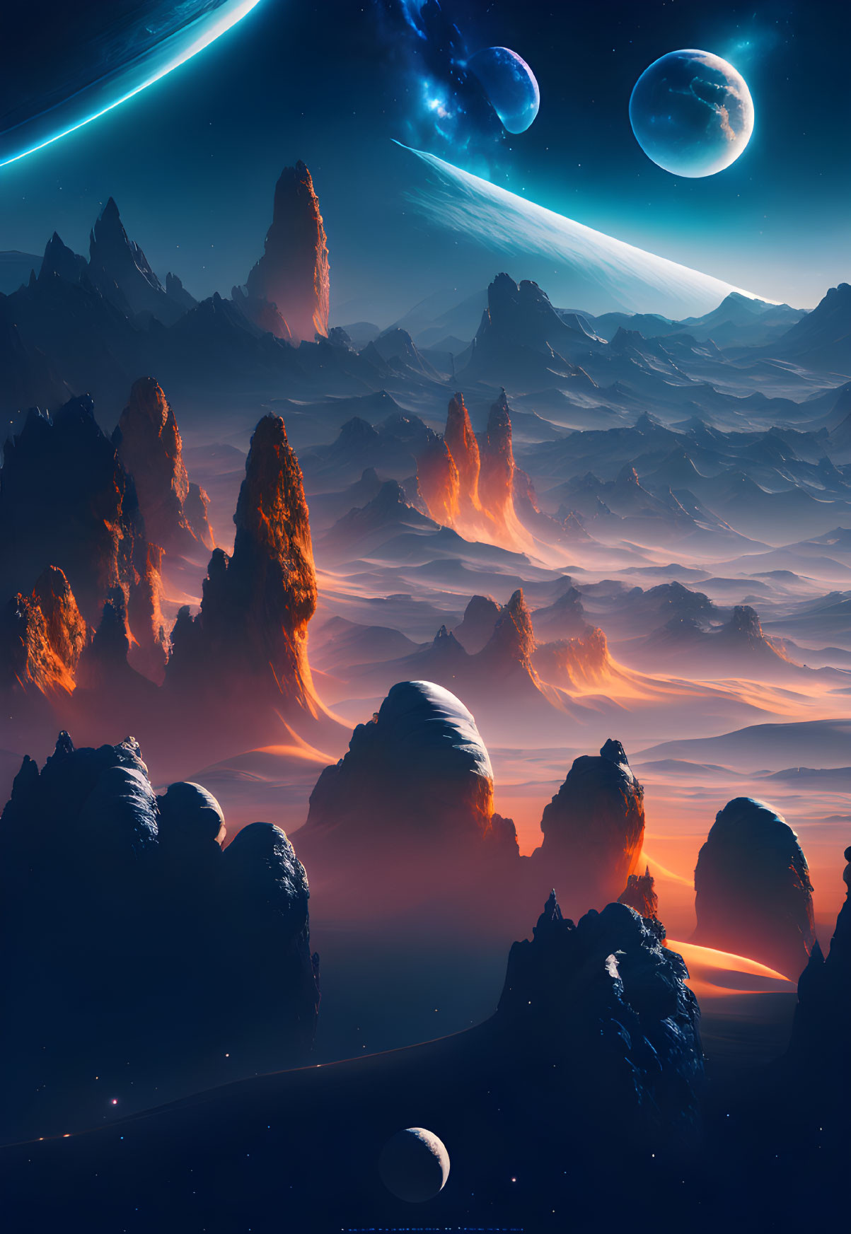 Alien landscape with towering rock formations under starry night sky