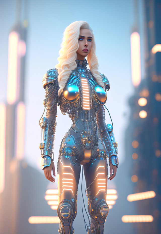 Futuristic female robot with glowing blue lights and intricate mechanical details.