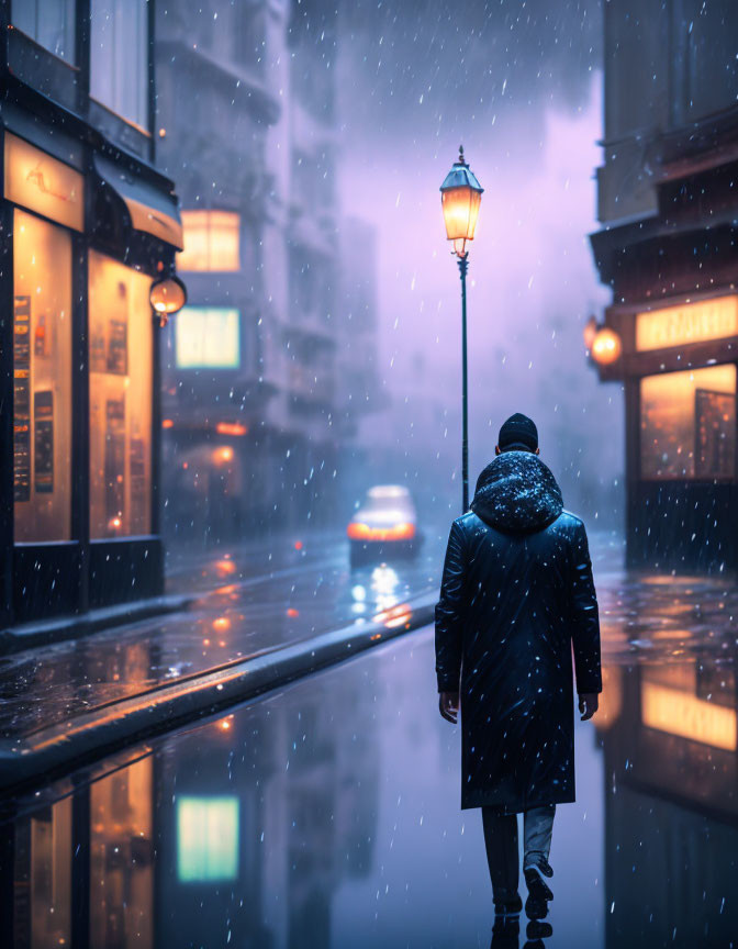 Person in Dark Coat Walking on Snowy City Street at Dusk