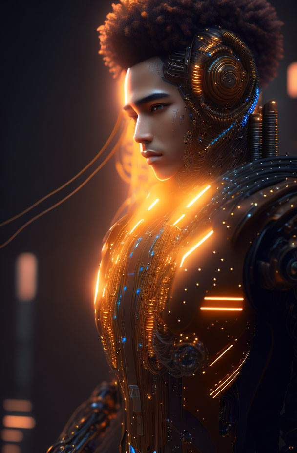 Futuristic digital artwork of person with orange cybernetic enhancements