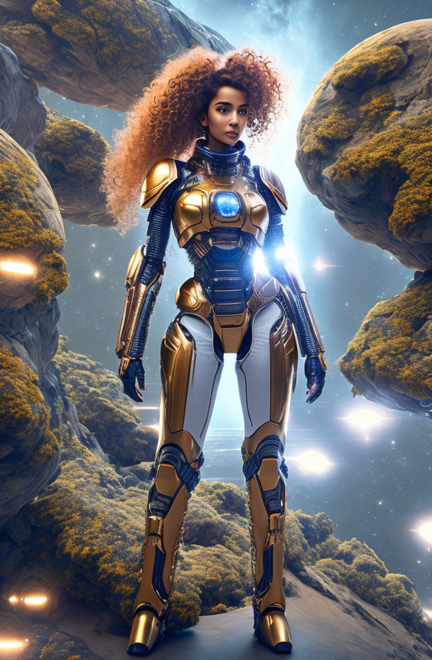 Futuristic woman in gold and blue armor in cosmic landscape